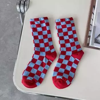 Cotton Geometry Mid-tube Sock Female Hosiery Korea Checkerboard Socks College Style Socks E