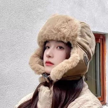 Cotton hats, men s and women s winter thickened ear caps, windproof fleece thickened cold-proof chain, plush flying cap trend M56-58cm чёрный