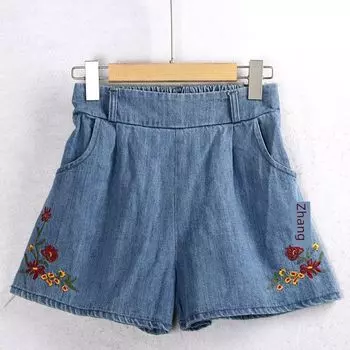 Cotton High Waist Embroider Frosted Washed Denim Shorts Light Blue One size(M/L)