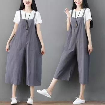 Cotton Linen Backstrap Wide Leg Pants Nine Pants High Waist Literary Large Size Loose Linen One-piece Camisole Pants Sub M хаки