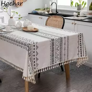 Скатерть в стиле бохо из хлопка и льна, не требующая стирки, водонепроницаемая, маслостойкая, прямоугольная, с кисточками, простая, уютная, универсальная, прочная 90*90cm