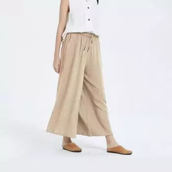 Свободные повседневные укороченные брюки из хлопка и льна с широкими штанинами для женщин, весна-лето, на шнурке, большие размеры, однотонные брюки, модные, элегантные, простые брюки 1011 S светло-серый