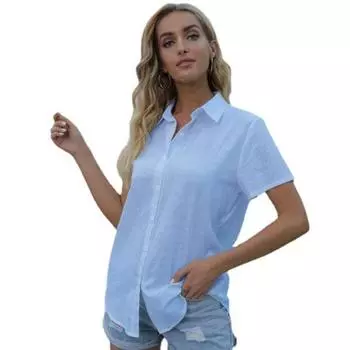Cotton Linen Shirts Spring Summer White Shirt Solid Color Short Sleeve Tops Women Loose Button Up Blouse S светло-синий