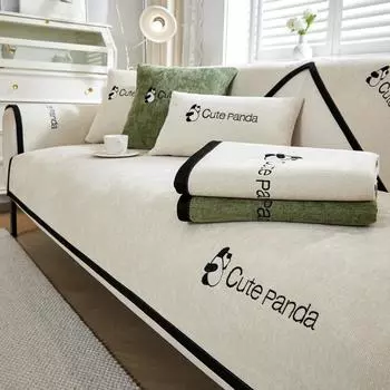 Cotton Linen Sofa Cover Solid Color Embroidered Panda Sofa Cushionfor Living Room Non-Slip Four Season Universal Sofa Cover 70x70cm 1pcs