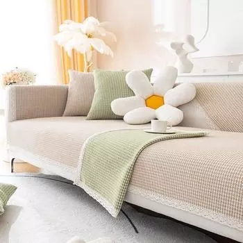 Cotton Linen Sofa Cushion All Year Round Neutral Modern Minimalist Fabric Non Slip Fresh Linen Sofa Cover Slipcover Cushion Muyan-Shallow Coffee (White Lace) 60*60cm