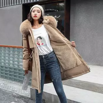 Cotton Liner Parka Fashion Fur Collar Winter Jacket Women Medium Long Hooded Parka Coat XXXXXXL чёрный