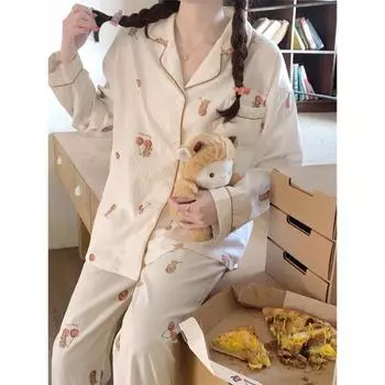 Хлопковый материал Весна и осень Милый домашний комплект Облачный хлопок Пижама женская с длинными рукавами Милый мультфильм Молочный дом M