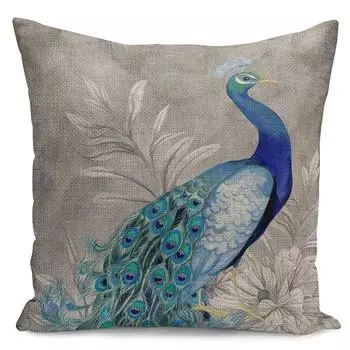 Cotton Print Peacock Linen Decorative Pillow Case Sofa Cushion Cover Decor Home H