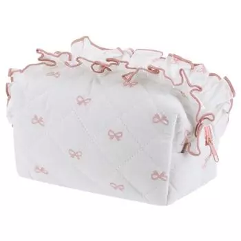 Cotton Quilted Travel Cosmetic Bag Bow Makeup Bag Cute Pouch Zipper Toiletry Bag for Women Girls S чёрный