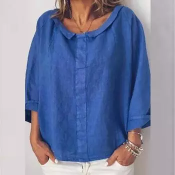 Cotton Raglan Sleeve Women Blouses Summer Long Sleeve Solid Color Blouse Turn Down Collar Shirts Plus Size Top S белый