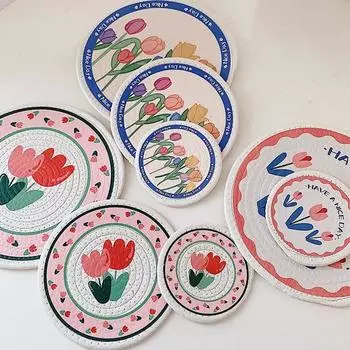 Cotton Rope Woven Placemat Round Cup Coaster Tulip Tableware Mat Heat-resistant Tablemat Anti-slip Pad Desktop Decor Accessories 12 cm