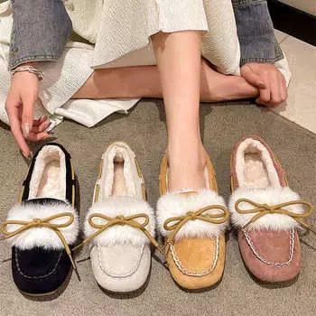 Cotton shoes for women s winter wear 2025 new bow soft sole casual velvet warm one pedal love bean shoes 35