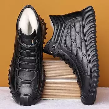 Cotton shoes men s 2024 winter fur integrated thickened warm snow boots piled thickened high-top fashion non-slip leather boots 38 чёрный