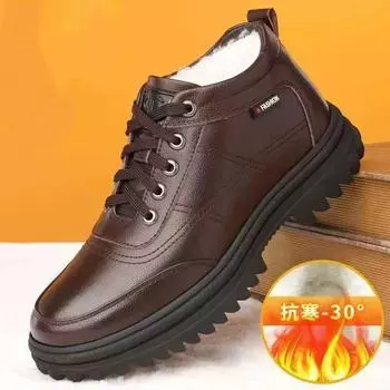 Cotton shoes men s winter thickened fluff warm thick-soled non-slip cotton leather shoes comfortable dad shoes versatile work snow boots 39 чёрный