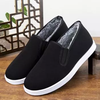 Cotton shoes old Beijing cloth shoes men s winter middle-aged and elderly velvet soft sole casual one-pedal dad cotton shoes 38 чёрный