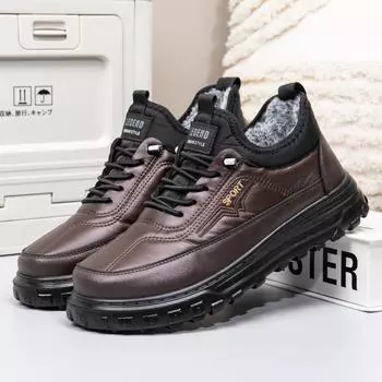 Cotton shoes winter men s shoes waterproof and velvet thickened warm light-soled casual shoes sports leather surface middle-aged and elderly shoes 39 чёрный