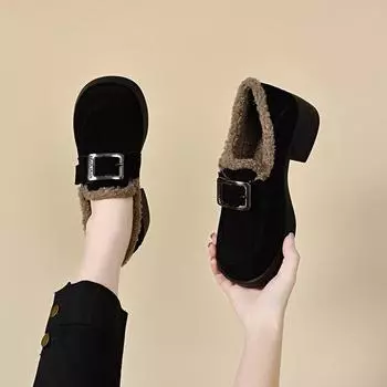 Cotton shoes women s autumn and winter new Velcro velvet square buckle thick heel platform shoes women 34