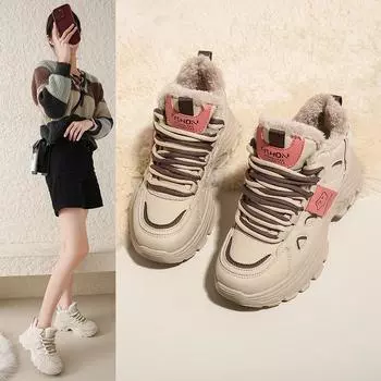 Cotton shoes women s winter 2024 new thick-soled heightening velvet dad shoes leather surface waterproof sports and leisure shoes 34