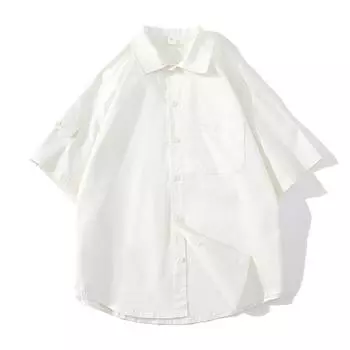 Хлопковая рубашка с коротким рукавом для мужчин, свободная однотонная рубашка с лацканами для мужчин, высококачественная повседневная универсальная куртка, модная M белый