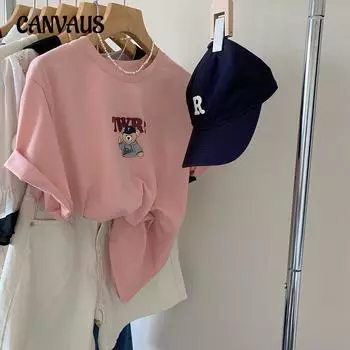 Хлопковая футболка с короткими рукавами, женские свободные летние топы с короткими рукавами и принтом для пары больших размеров M розовый