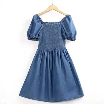 Cotton Silk Tube Top Elastic Slim Fit Puff Sleeve Denim Skirt Blue XS