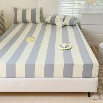 Cotton Single Product Bed Hat Yarn-dyed Washed The Fitted Series Striped Check with Elastic Mattress Cover Skin Friendly Bedding Only 2 pillowcases
