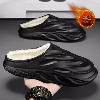 Cotton slippers 2024 winter new baotou waterproof casual sports stepping on shit feeling men s velvet thickened warm cotton shoes 36 чёрный