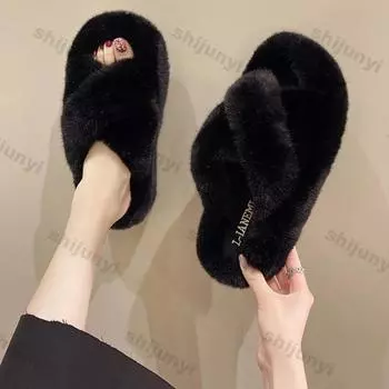 Cotton Slippers Plush 2024 Women Winter Floor Slipper Home Anti Slip Flat Bottom Comfort Soft Bottom Lightweight Cotton Slippers 35 бежевый