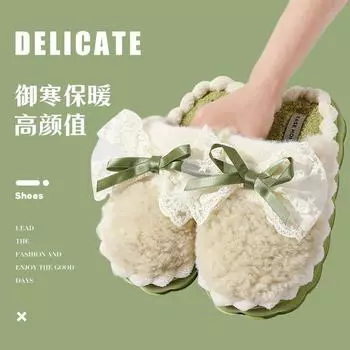 Cotton slippers women s autumn and winter non-slip bow thick-soled stepping on shit feeling new slippers winter indoor home confinement shoes 36-37 бежевый