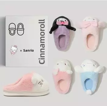 Cotton slippers women s winter home fleece thickened bag head cute cartoon parent-child fluffy slippers фиолетовый