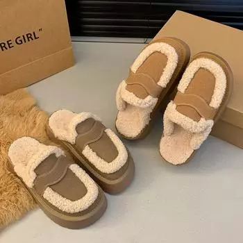Cotton slippers women wear in autumn and winter 2024 retro fashion plush warm fluffy indoor home bag head slippers tide 36 верблюд