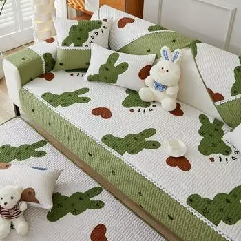 Cotton Sofa Cushion Fabric All Year Round Neutral Non Slip Minimalist Modern Pure Cotton Cushion Sofa Cover Sofa Towel Covers Full Covered Moe rabbit Bear Green 45*45cm pillow core