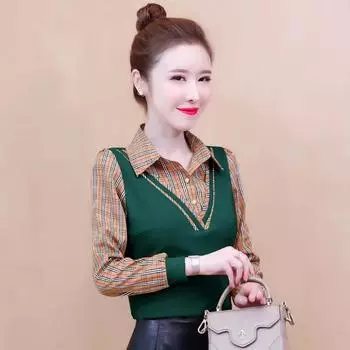 Cotton Spring Autumn New Long Sleeve T-shirt Women s Korean Fake Two Piece Top Mom s Turn Down Collar Pullover Bottoming Shirt 4XL жёлтый