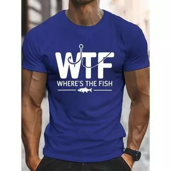 Cotton tees Cotton T Shirt Men s Casual Crew Neck WTF WHERE s THE FISH T-Shirts - Comfy for Summer, Geometric Print Tops S хаки