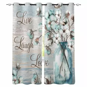 Cotton Vases Flowers Retro Rural Blue Wood Grain Blackout Curtains For Living Room Bedroom Window Treatment Drapes Home Decor W135 x H60cm