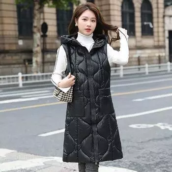 Cotton Vest Autumn and Winter Medium and Long Hooded Loose and Versatile Simple and Fashionable Big Pocket Solid Color Vest Jacket M