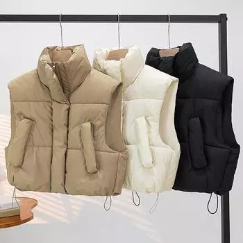 Хлопковый жилет женский с воротником-стойкой утолщенный свободный короткий маленький ароматный ветровой безрукавный хлопковый жилет пальто Tide XXL чёрный