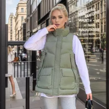 Хлопковый жилет женский осень-зима 2024 года, новая корейская версия, свободный и универсальный короткий жилет, жилет, куртка M армия зеленый