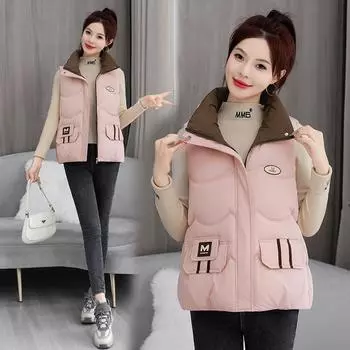 Хлопковый жилет женский, новая корейская версия, свободный короткий утолщенный пуховый жилет из хлопка с воротником-стойкой, модный и универсальный M чёрный