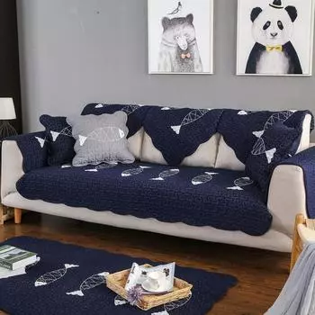 Cotton Washed Embroidered Fish Sofa Cushion Twill Simple Cloth Three People Sofa Slipcover Covers 70*70
