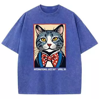 Cotton Woman Washed T-Shirts International Jazz Day April 30 Print Tee Shirts Distressed Crewneck Oversized Tops Clothes S
