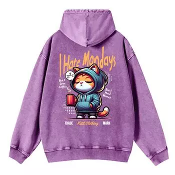 Cotton Women Acid Wash Hoodies Cute Cartoons Cat Printing Streetwear Comfortable Pocket Oversize Clothes M