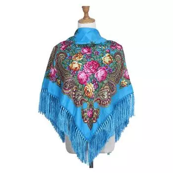 Cotton Women Printing Pashmina Russian Style Floural Wraps Square Scarf Tassel Scarf Shawl синий