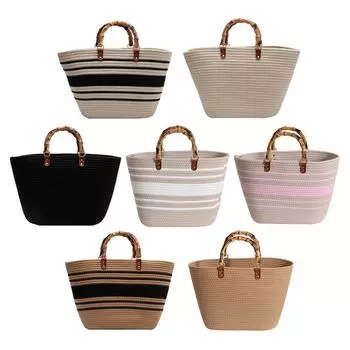 Cotton Woven Handbags Bamboo Handle Top-handle Bag Large Capacity Striped Portable Casual Fashion Exquisite for Seaside Party Style 1