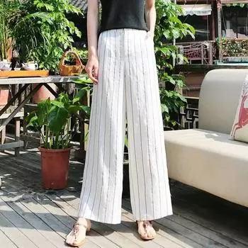 Counter Fashion Stripes Linen Wide-Leg Pants Women s Summer Loose Work Clothing Pants High Waist Slim Looking Cotton and Linen Straight-Leg Pants White M
