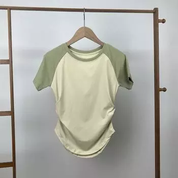 Counter Quick-Drying Yoga Short Sleeve Patchwork Pleated Waist Tight Slim Looking Outdoor Sports Fitness Top T-shirt Light green L