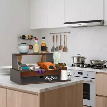 Countertop Coffee Station Organizer Pod Holder Versatile Brown with Compartment Storage