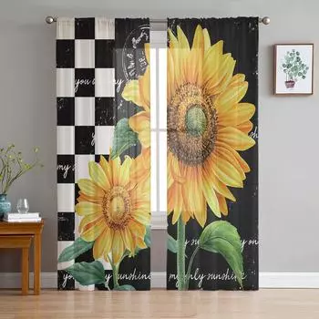 Country Farm Sunflower Black Plaid Sheer Tulle Window Curtains For Living Room Bedroom Kitchen Veiling Curtain Home Decoration W135 x H114cm