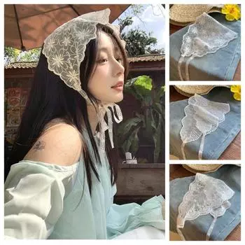 Countryside Style Triangle Bandana Turban Triangle Hair Band Sweet Lace Hair Scarf Travel Style B