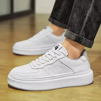 Couple board shoes, new leather surface in autumn, solid color versatile low-top sports little white shoes, large size platform men s shoes 35